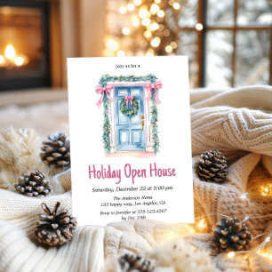 Watercolor Blue Door Holiday Open House Christmas Invitation