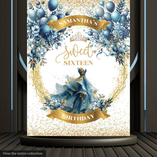 Watercolor Blue Dress Sweet 16 Gold Glitter Banner Tapestry (Watercolor Blue Dress Sweet 16 Gold Glitter Banner)