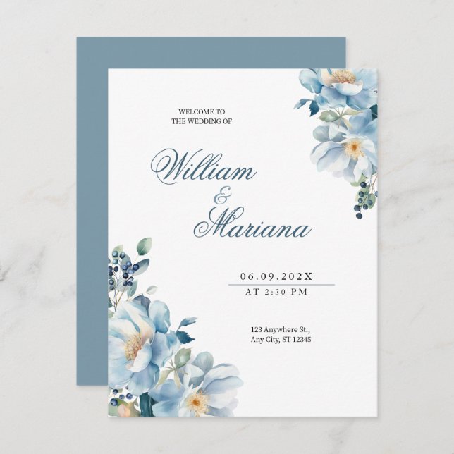 Watercolor blue elegant floral wedding invitation (Front/Back)