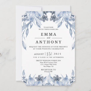 Watercolor Blue Elegant Floral Wedding Invitation
