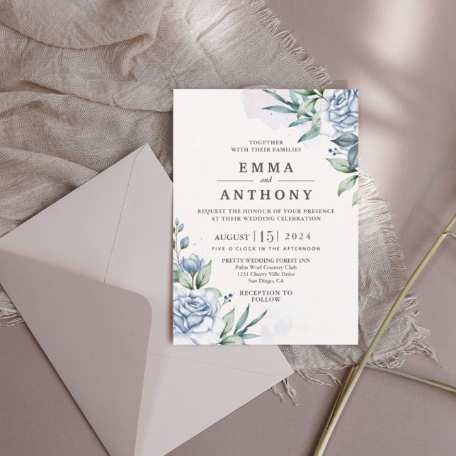 Watercolor Blue Elegant Floral Wedding Invitation (Creator Uploaded)