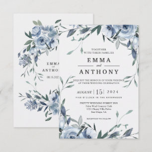 Watercolor Blue Elegant Floral Wedding Invitation