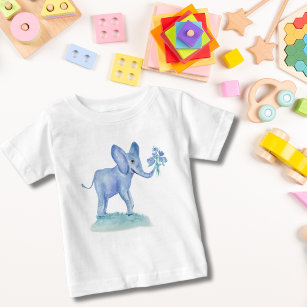 Watercolor Blue Elephant With Flowers Baby T-Shirt