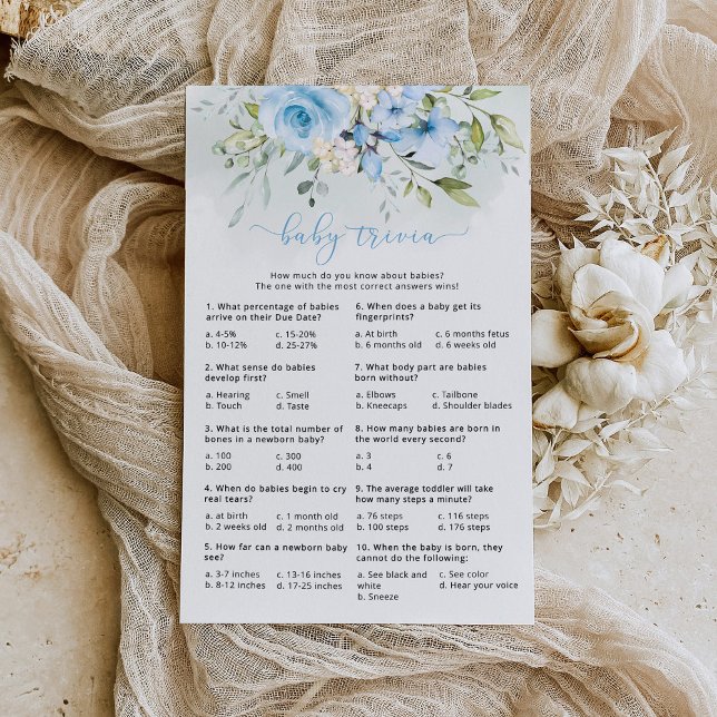 Watercolor blue eucalyptus baby shower trivia game (Creator Uploaded)