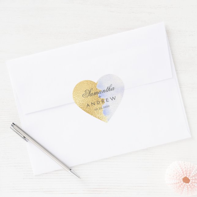 Watercolor Blue Faux Gold Foil Monogram Heart Sticker (Envelope)