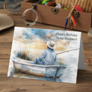 Watercolor Blue Fishing Husband Happy Birthday Card