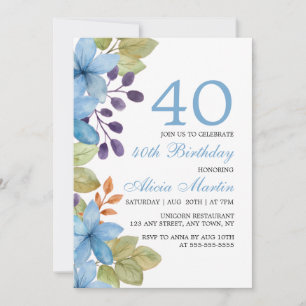 Watercolor Blue Flora Any Age Birthday Invitation