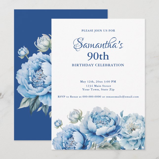 Watercolor Blue Floral 90th Birthday Party Invitation (Front/Back)