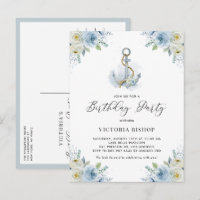 Watercolor Blue Floral Anchor Nautical Birthday