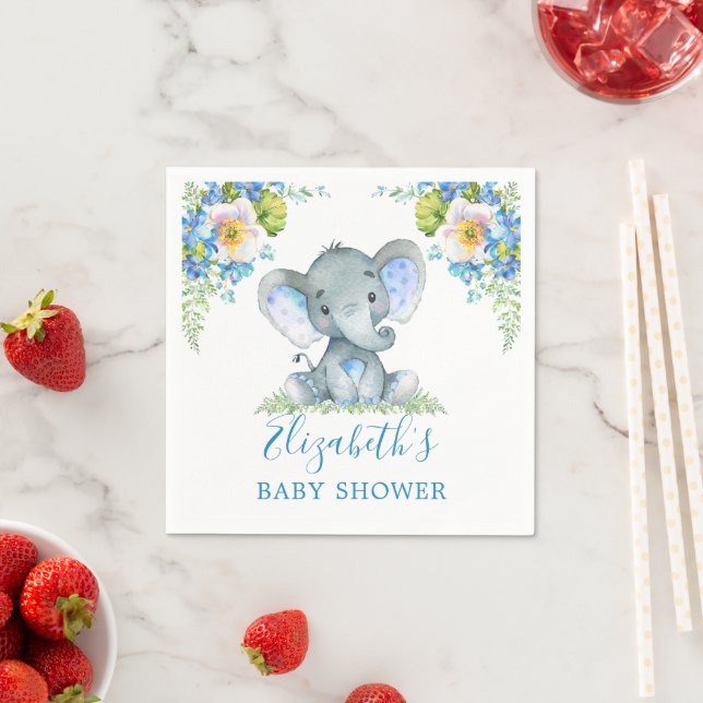 Watercolor Blue Floral Baby Elephant Baby Shower Napkin (Insitu)
