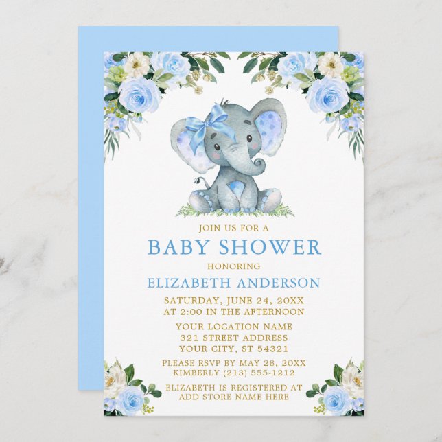 Watercolor Blue Floral Baby Shower Elephant Bow Invitation (Front/Back)