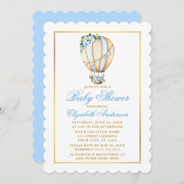 Watercolor Blue Floral Balloon Baby Shower Gold Invitation (Front/Back)
