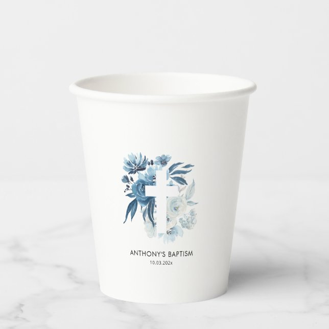 watercolor blue floral baptism paper cups (Front)