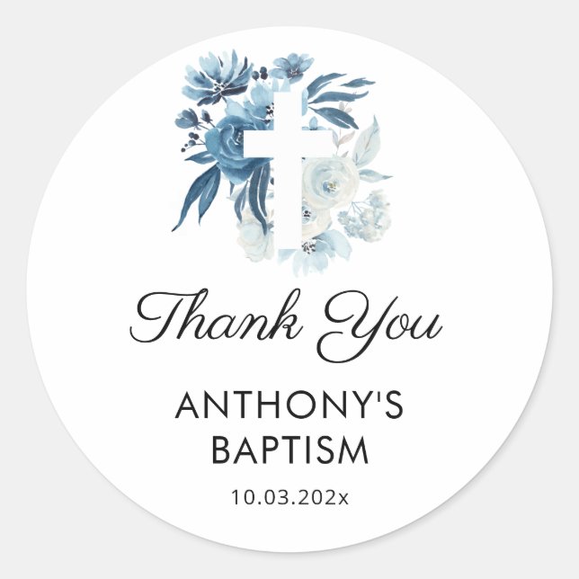 watercolor blue floral baptism thank you classic round sticker (Front)