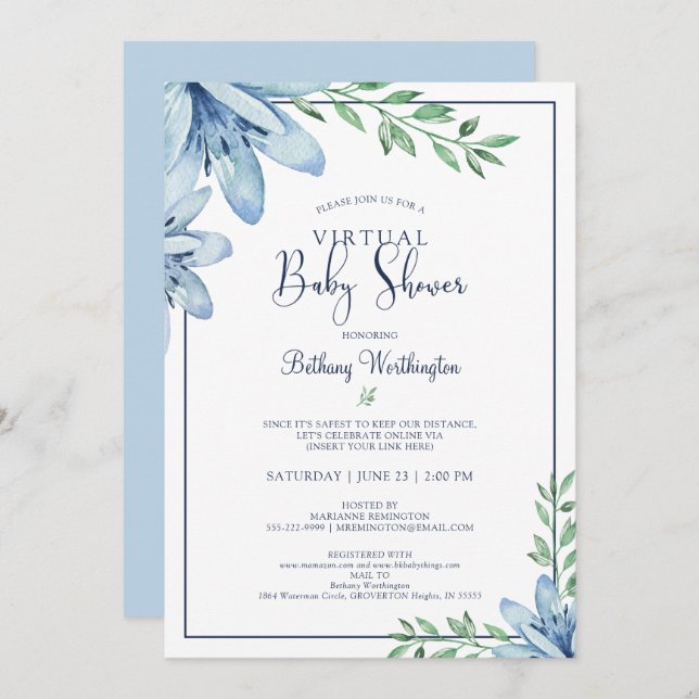 Watercolor Blue Floral Blooms Virtual Baby Shower Invitation (Front/Back)
