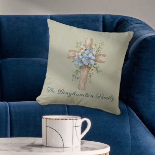 Watercolor Blue Floral Cross Personalised Cushion