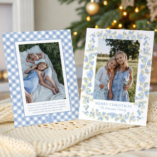 Watercolor Blue Floral Garland Christmas Photo Holiday Card