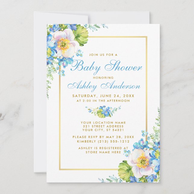 Watercolor Blue Floral Gold Baby Shower Invitation (Front)