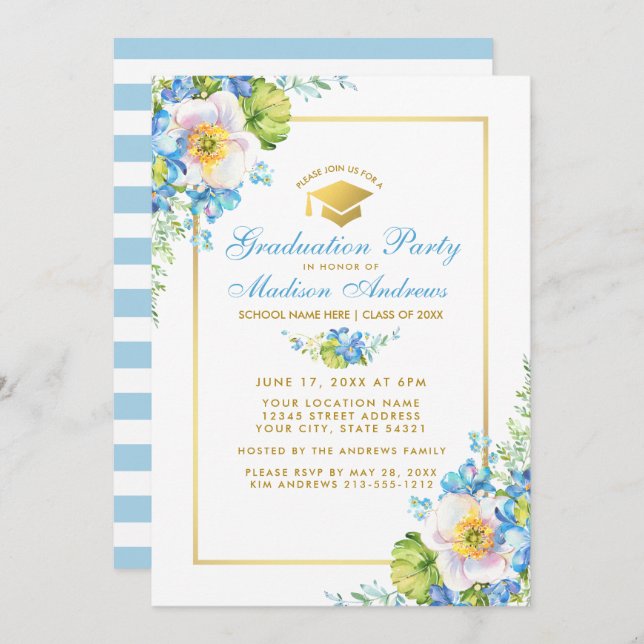 Watercolor Blue Floral Gold Grad Party Invite S (Front/Back)