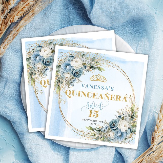 Watercolor Blue Floral Gold Quinceañera Napkins (Watercolor Blue Floral Gold Quinceañera Napkins)