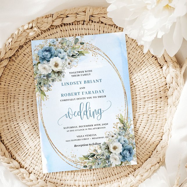 Watercolor Blue Floral Greenery Gold Wedding Invit Invitation (Watercolor Blue Floral Greenery Gold Wedding Invite)