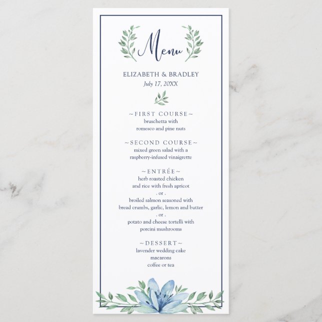 Watercolor Blue Floral Greenery Wedding Menu (Front)