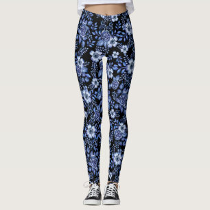 Watercolor Blue Floral pattern Black BG Leggings