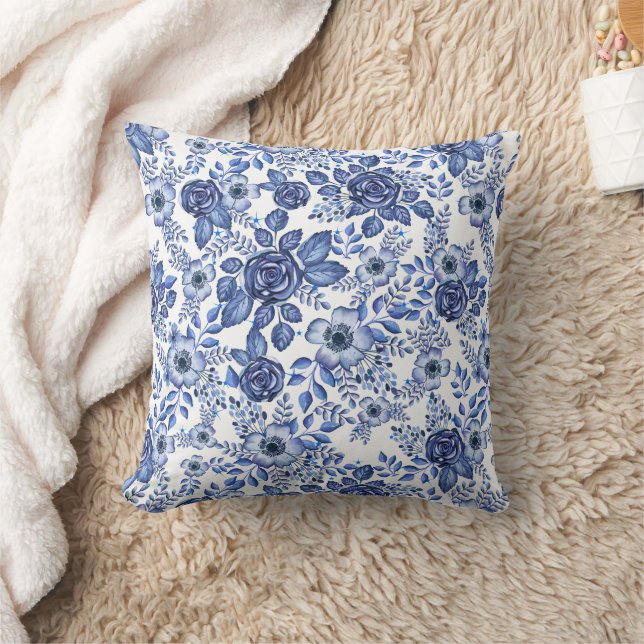 Watercolor Blue Floral pattern Cushion (Blanket)