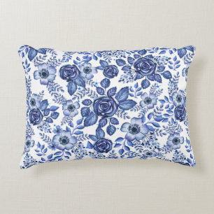 Watercolor Blue Floral pattern Decorative Cushion