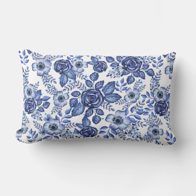 Watercolor Blue Floral pattern Lumbar Cushion (Front)