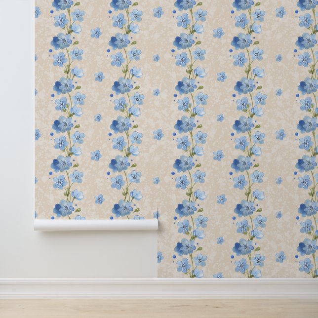 Watercolor Blue Floral Vine on Textured Cream Wallpaper (Application)