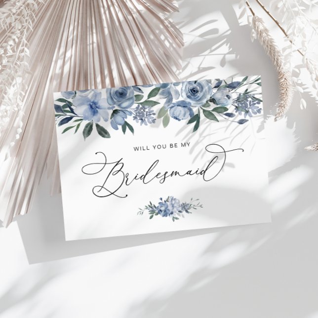 watercolor blue floral will you be bridesmaid card (Creator Uploaded)