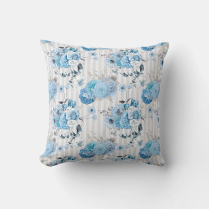 Watercolor Blue Floral with Pale Grey Stripes Cushion