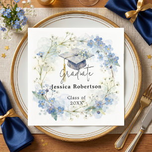 Watercolor Blue Floral Wreath Graduation Party Napkin