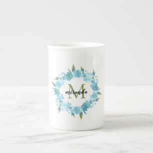 Watercolor Blue Floral Wreath Name Monogram Bone China Mug