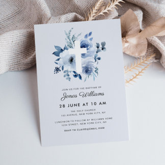 watercolor blue florals Baptism invitation