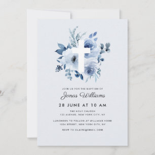 Watercolor blue florals Baptism invitation
