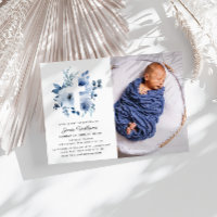 watercolor blue florals Baptism photo invitation