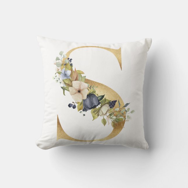 Watercolor Blue Florals Golden Letter S Cushion (Front)