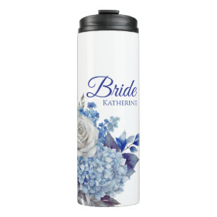 Watercolor Blue Flower Bouquet-Bride- Thermal Tumbler