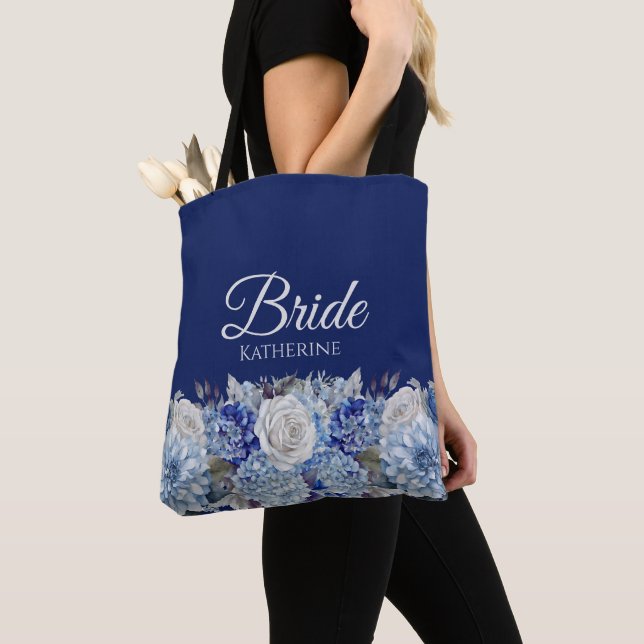Watercolor Blue Flower Bouquet-Bride- Tote Bag (Close Up)