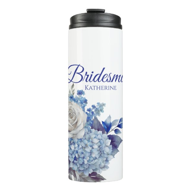 Watercolor Blue Flower Bouquet-Bridesmaid- Thermal Tumbler (Front)