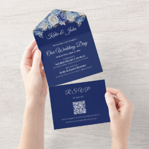 Watercolor Blue Flower Bouquet-Wedding- All In One Invitation