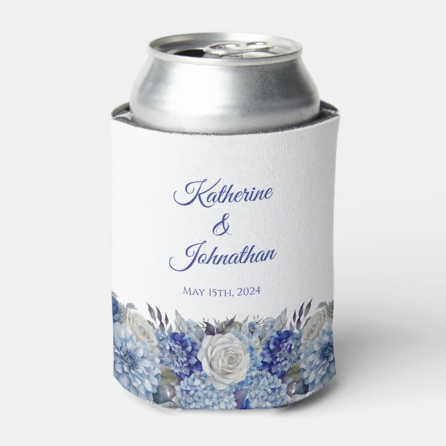 Watercolor Blue Flower Bouquet-Wedding- Can Cooler (Can Front)