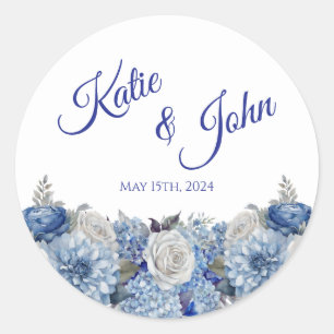 Watercolor Blue Flower Bouquet-Wedding- Classic Round Sticker