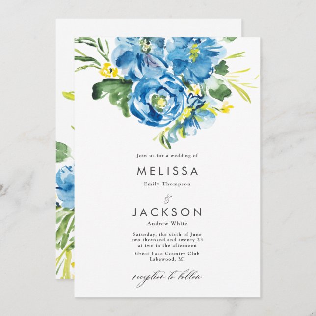 Watercolor Blue Flower Bouquet  Wedding Invitation (Front/Back)