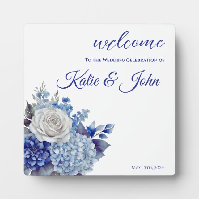 Watercolor Blue Flower Bouquet-Wedding- Plaque (Front)