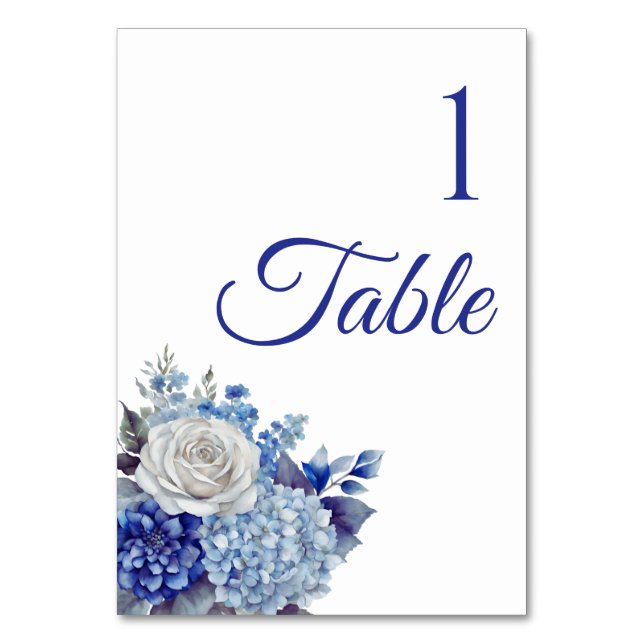 Watercolor Blue Flower Bouquet-Wedding- Table Number (Front)