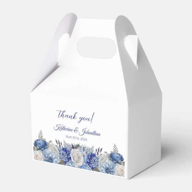 Watercolor Blue Flower Bouquet-Wedding Thank You Favour Box (Front Side)
