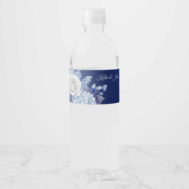 Watercolor Blue Flower Bouquet-Wedding- Water Bottle Label (Front)